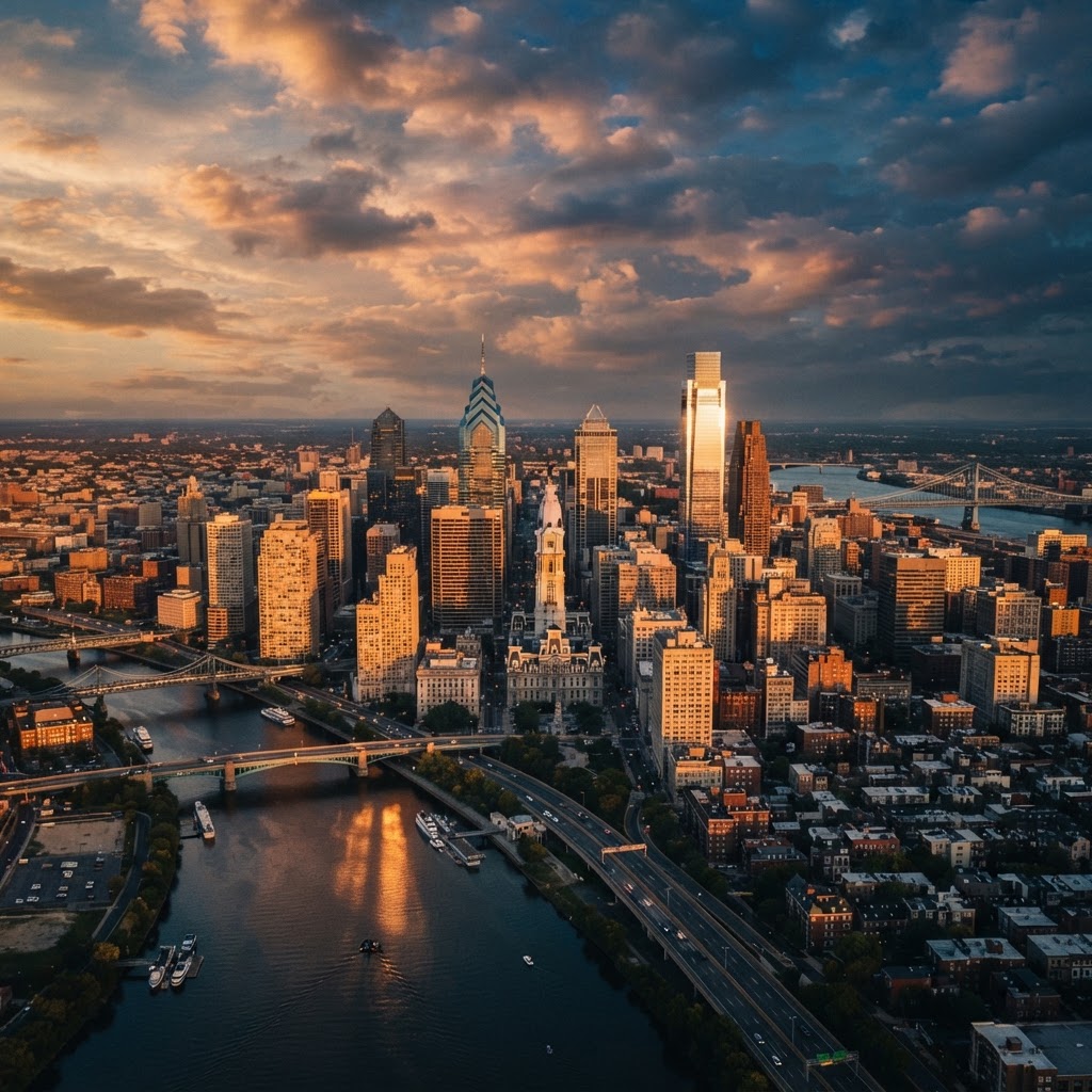 Philadelphia skyline at golden hour