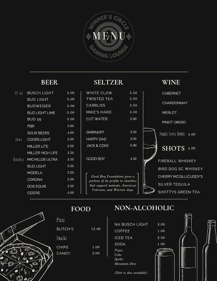 Full drink and food menu board at Winner's Circle Gaming Lounge listing beer, seltzer, wine, shots, pizza, and non-alcoholic options