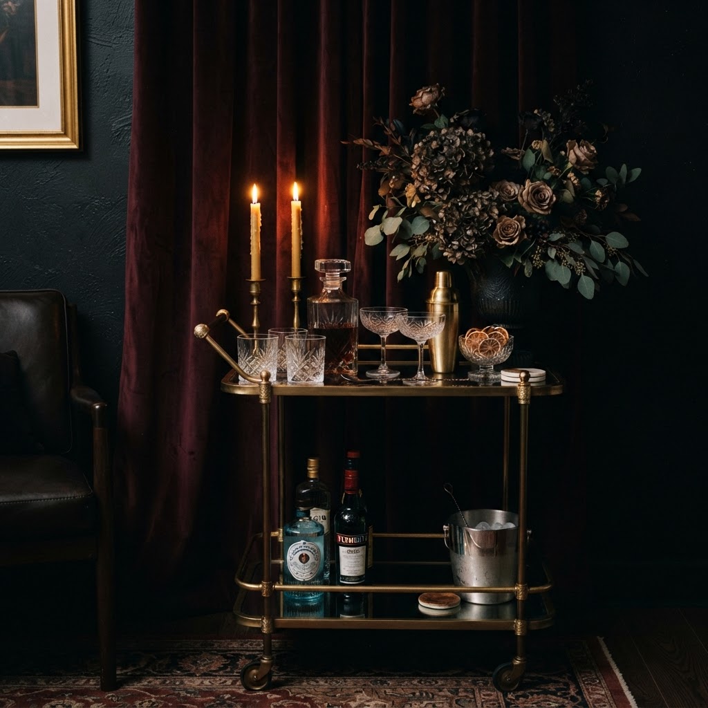A gold-accented bar cart styled with candles and velvet drapery