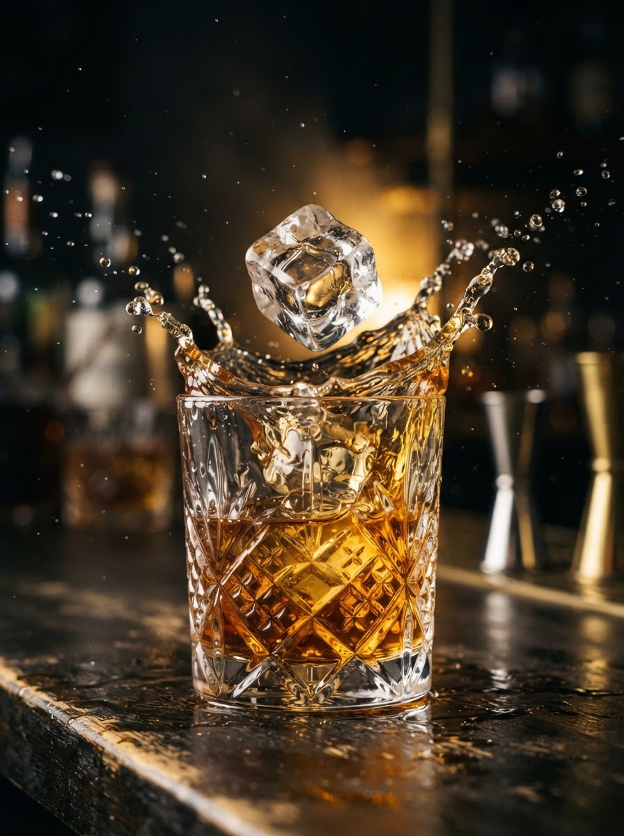 Hand-carved ice splashing into a crystal rocks glass