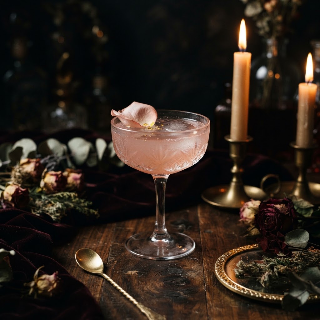 A blush cocktail in a crystal coupe with a rose petal, lit by candlelight