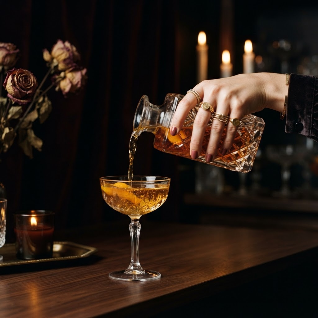 A thin stream of amber spirit pouring into a crystal coupe
