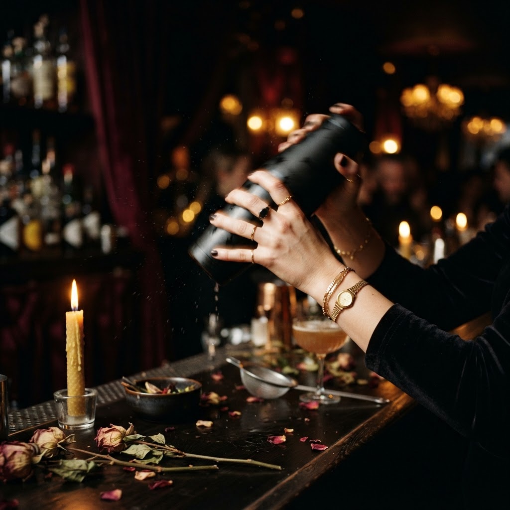 Elegant hands shaking a matte black cocktail shaker in candlelit warmth