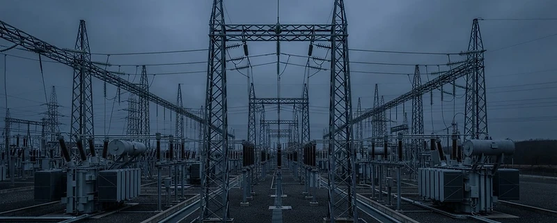 High-voltage substation at twilight, steel lattice towers under overcast sky.