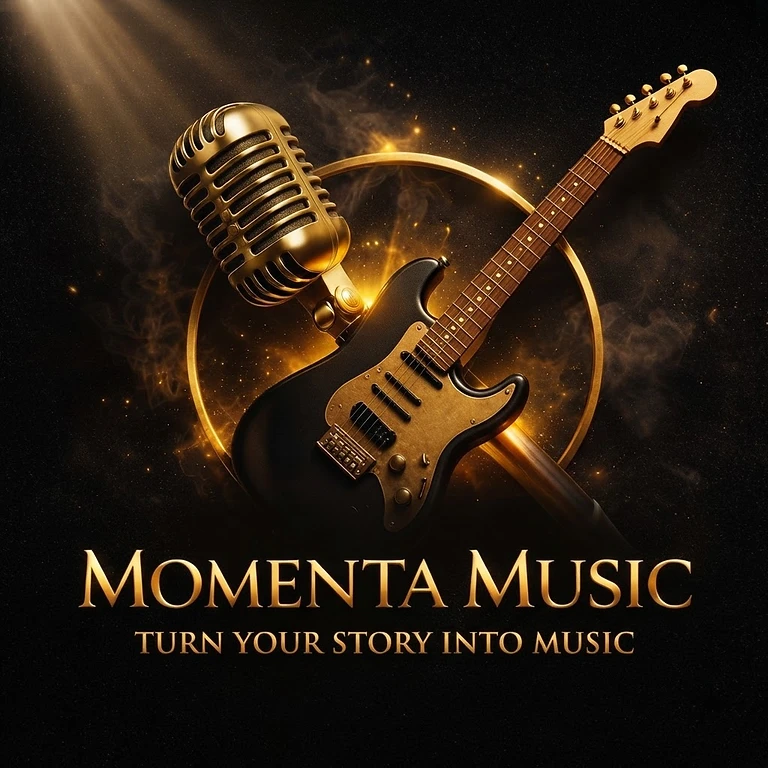 Momenta Music — black and gold electric guitar with vintage gold microphone, dramatic golden light