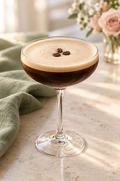 Espresso martini in a coupe glass styled with sage linen and blush roses