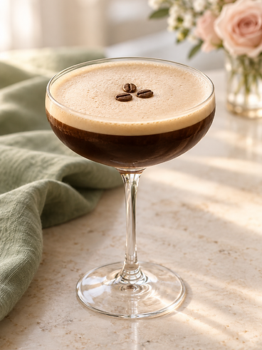 Espresso martini in a coupe glass styled with sage linen and blush roses