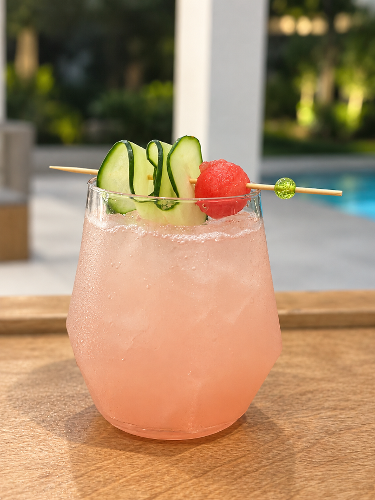 Blush cocktail garnished with a cucumber and watermelon skewer