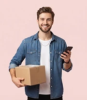 Seller holding a shipping box and smartphone