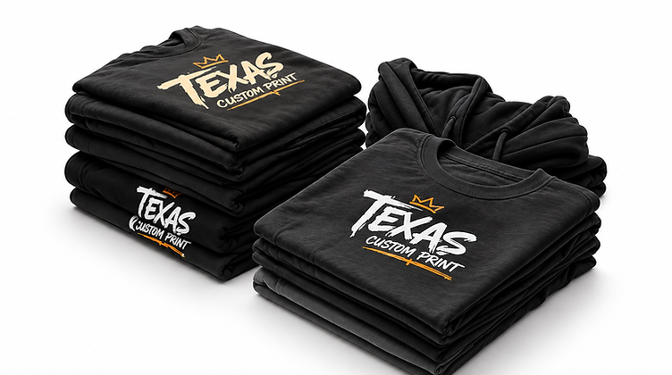 Folded black apparel stack branded with Texas Custom Print
