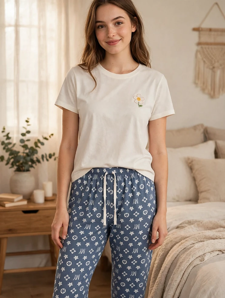 Girls Night Pajama Trouser - Denim Blue with MY Print