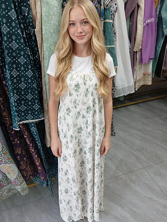 Green Floral Maxi Dress - White Base - Pleated Spaghetti