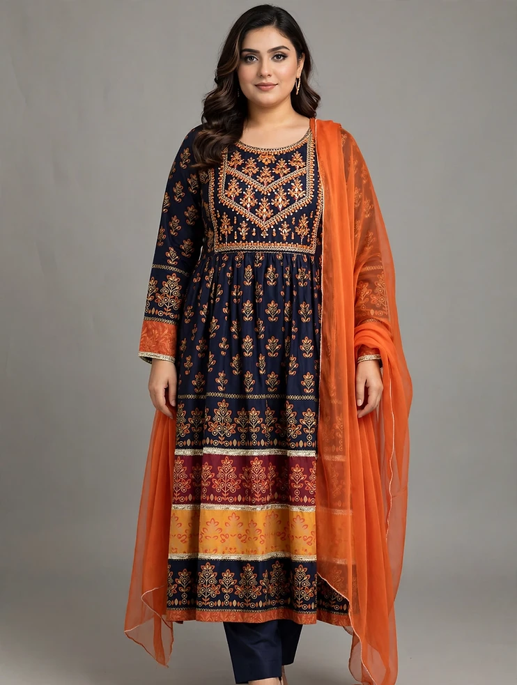 3-Piece Long Anarkali Frock - Navy Blue with Rust Orange - Large Size - Lawn