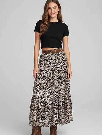 Western Leopard Print Tiered Maxi Skirt - Free Size