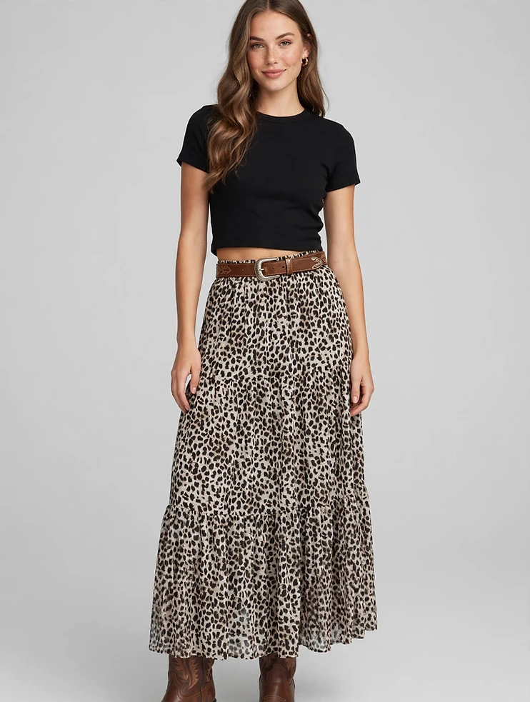 Western Leopard Print Tiered Maxi Skirt - Free Size