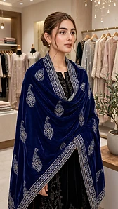 Velvet ShawlColor: Royal Blue with Golden Embroidery