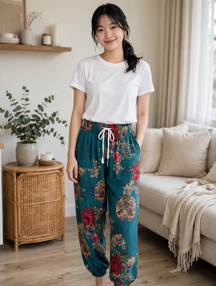 Girls Harem Trouser - Teal Green with Red Floral & Scenic Art Print