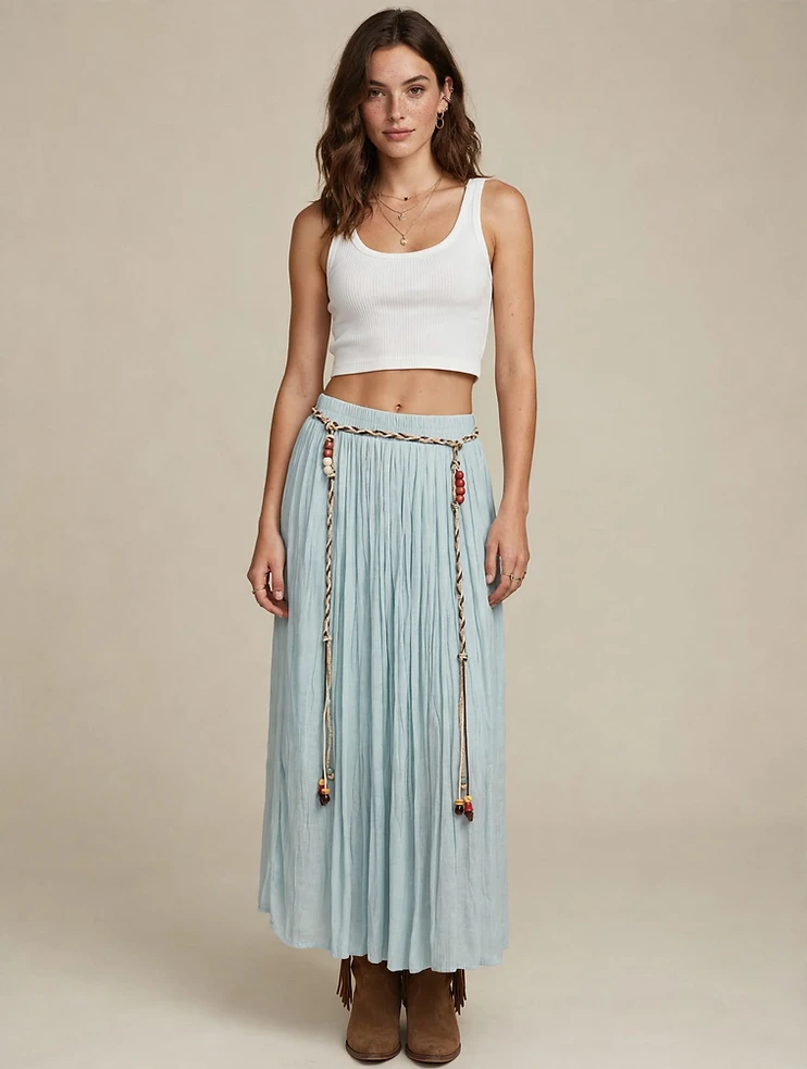 Western Crinkle Boho Maxi Skirt with Braided Beaded Belt - Light Aqua - Free Size