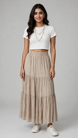 Western Boho Tiered Maxi Skirt - Beige Linen