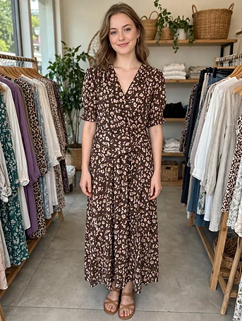Brown Floral Wrap Dress - MISSSHINE Brand - Summer Elegant
