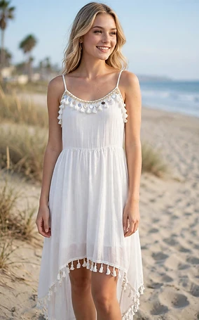 Western Boho Beach Dress - White with Tassels & Shells