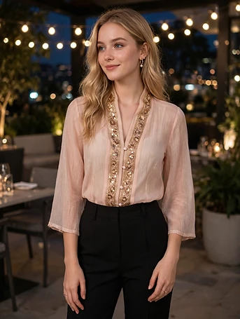 Western Fancy Top - Light Peach Sheer with Golden Sequin Lace