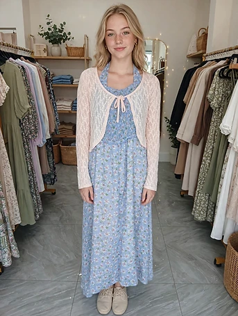 2-Piece Blue Floral Dress with Peach Lace Shrug - Cute Combo