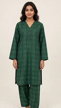 Classic and elegant green checkered one-piece shirt Georgette