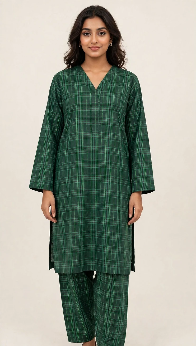 Classic and elegant green checkered one-piece shirt Georgette