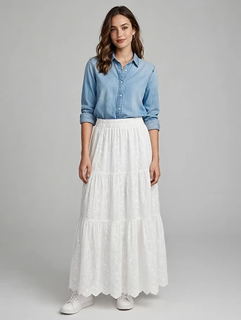 Western Chikankari Embroidered Tiered Maxi Skirt - White - Free Size
