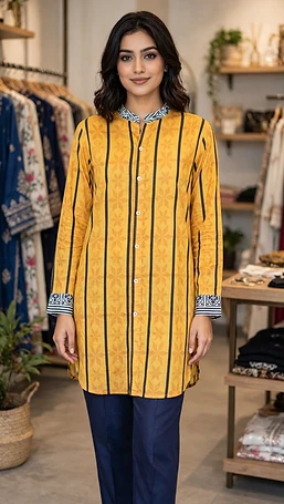 Striking 1 piece kurta in a mustard yellow base with bold black vertical stripes 