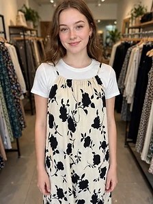 Black Bold Floral Maxi Dress - Cream Base - Pleated Spaghetti - Decent Styled