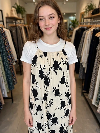 Black Bold Floral Maxi Dress - Cream Base - Pleated Spaghetti - Decent Styled