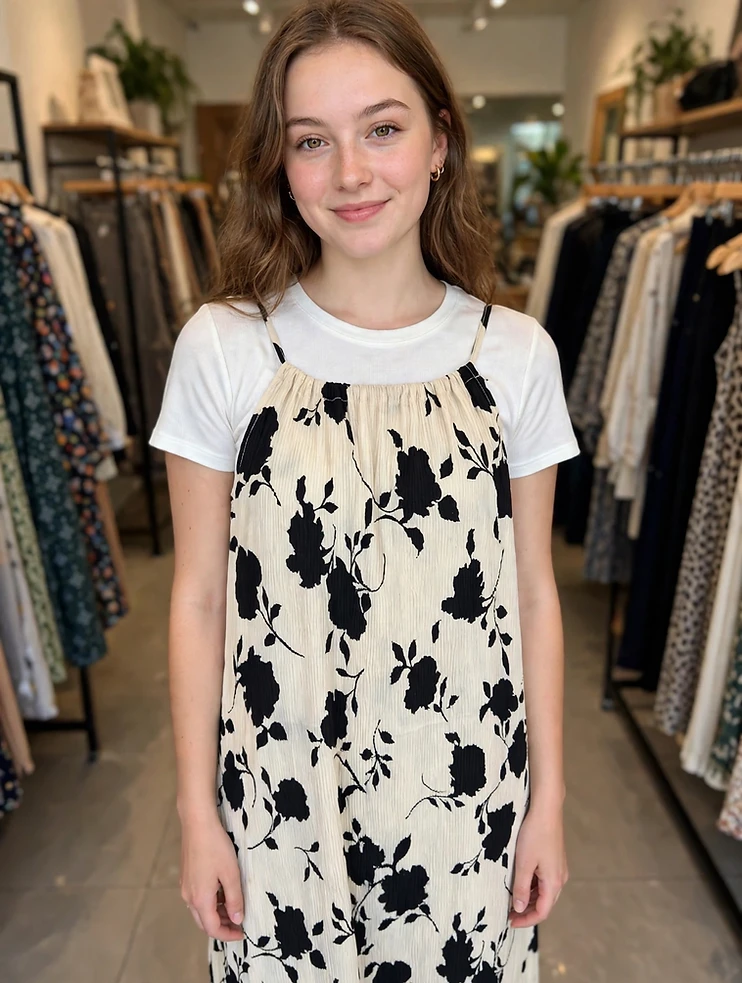 Black Bold Floral Maxi Dress - Cream Base - Pleated Spaghetti - Decent Styled