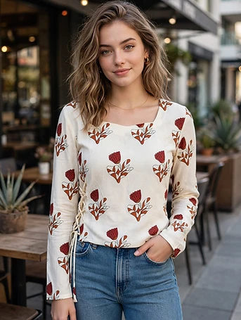 Western Top - Off White with Rust Red Tulip Flower Print