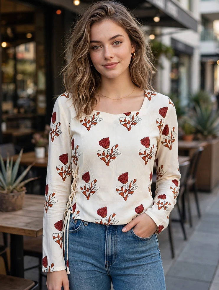 Western Top - Off White with Rust Red Tulip Flower Print