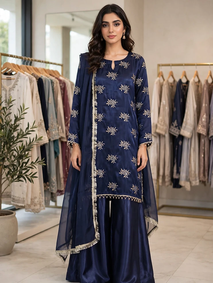 Navy Blue Shamoz Silk Short Shirt 3-Piece - Small Size