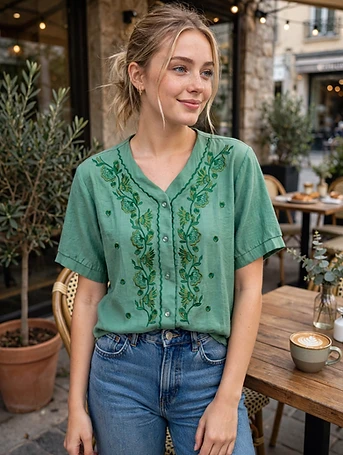 Western Baby Doll Top - Sage Green with Green Floral Embroidery