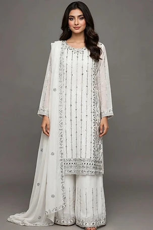 3-Piece Fancy Palazzo Suit - White with Silver Embroidery - Small Size