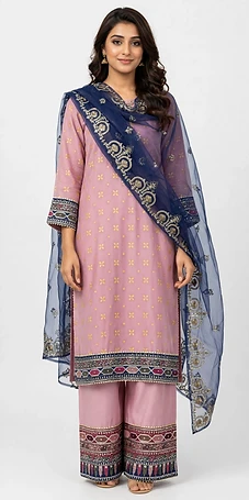 3-Piece Fancy Palazzo Suit - Dusty Pink with Navy Blue Dupatta - Medium Size