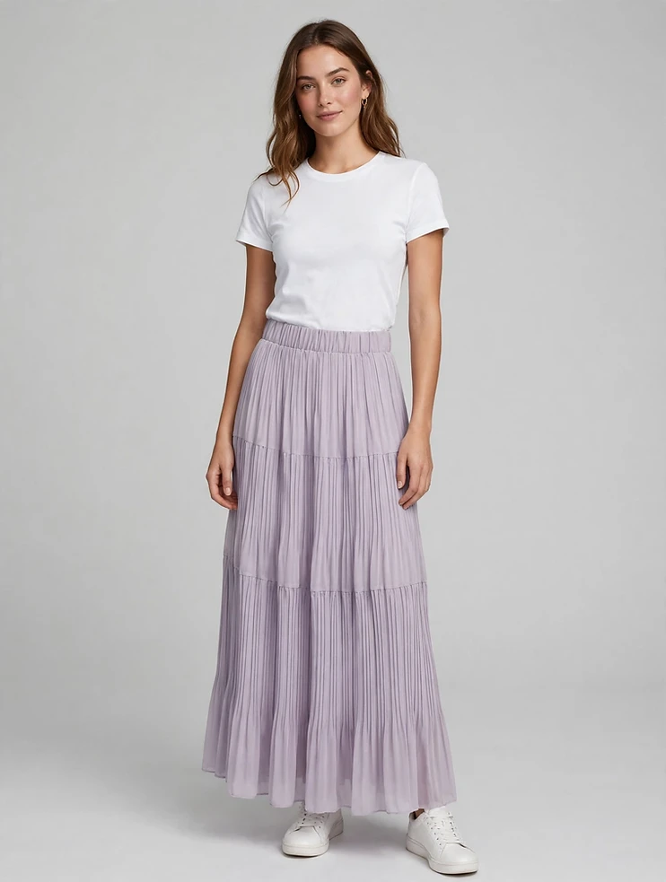 Western Pleated Tiered Maxi Skirt - Light Lilac - Free Size