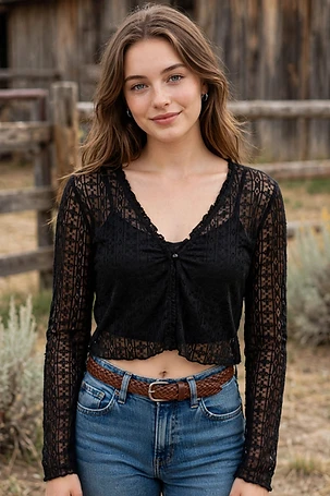 Western Crop Shrug Top - Black Lace Sheer