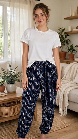 Girls Harem Trouser - Navy Blue Arrow / Feather Print