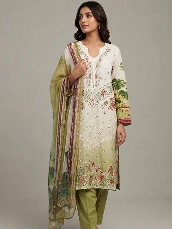 Large Size Lawn Suit - White Embroidered - 3 Piece