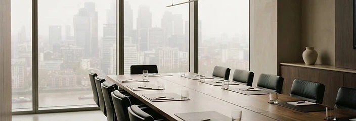 Executive boardroom with a long table and floor-to-ceiling windows