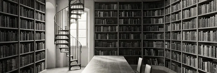 Quiet two-story library reading room with long shadows from tall windows