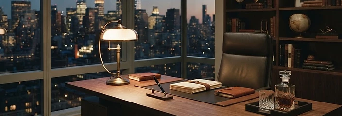Executive desk at dusk with a fountain pen, documents, and a city skyline
