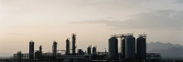 Hydrogen energy facility with steel storage tanks at dawn against a mountain ridge