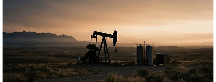 A pumpjack and tank battery silhouetted on the high plains at dawn