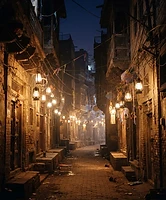 Lantern-lit narrow lane in the Walled City of Lahore at night